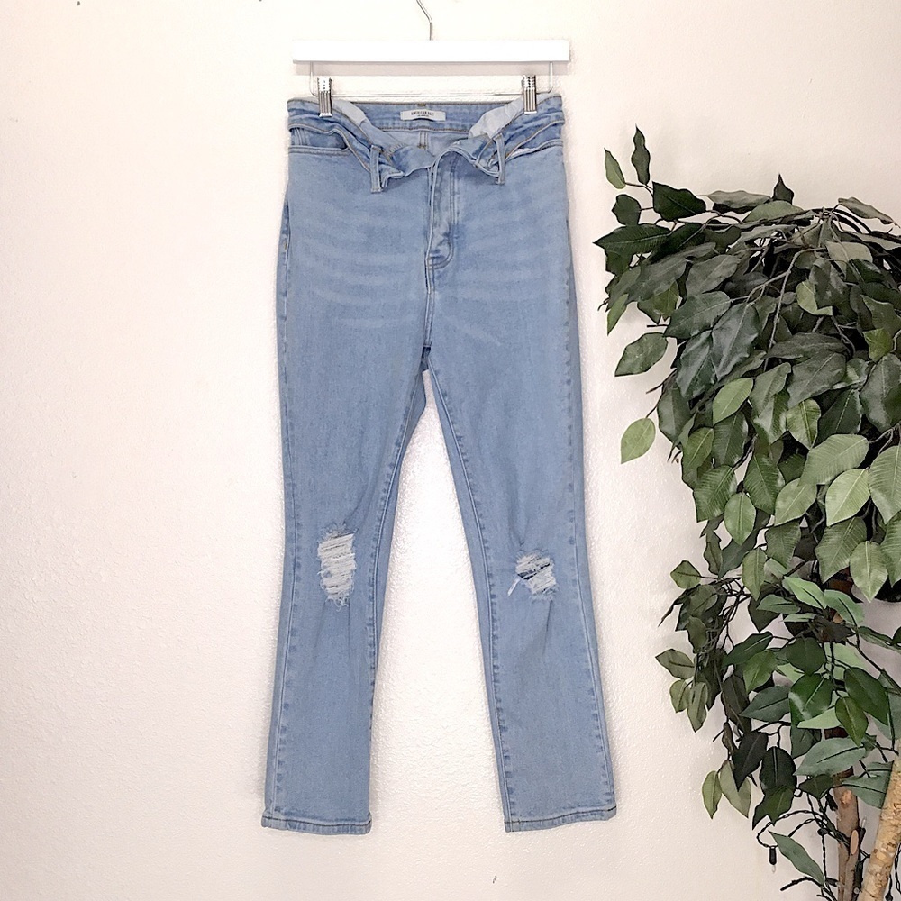 American Bazi Ripped Knee Fold Over Top Jeans